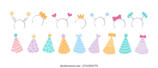 Conjunto de Vector de sombreros de fiesta de cumpleaños. Elementos lindos del sombrero aislados en el fondo blanco. Pegatinas para decoración de eventos de fiesta de cumpleaños. Ilustración vectorial.