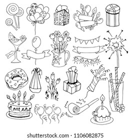 birthday party, holiday attributes, set of black and white sketches on white background, hand drawing, vector illustration