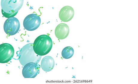 Birthday party or holiday frame green and blue balloons isolated on transparent background with copy space for text. banner