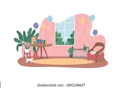 Birthday party at home 2D vector web banner, poster. Balloons, confetti. Living room with celebratory decorations flat scene on cartoon background. House interior printable patch, colorful web element
