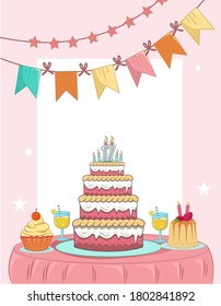 birthday party at home with large tart, pudding and flag decoration flat design