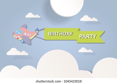 birthday party horizontal banner template with smile airplane in the sky