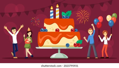 Birthday party with huge cake illustration. Cheerful people with balls happily waving hands girl in striped cap having fun with gift giant dessert with candles in center. Vector cartoon holiday.