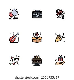 birthday party icon collection set. Consisting of gifts, cameras, music, balloons, cakes, etc. Icons for birthdays, parties, celebrations, graduations, etc. in line and color.