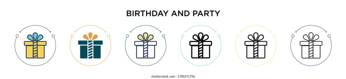 Icono de cumpleaños y fiesta en estilo relleno, delgado, contorno y trazo. Ilustración vectorial de dos íconos de colores y negros y vectores de fiesta se puede usar para móviles, ui, web