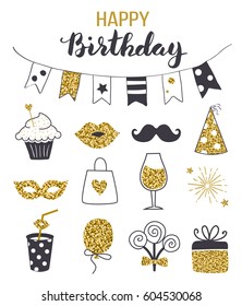 Birthday Party Icon Set, Black And Gold Colors, Hand Drawn Style