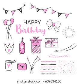 Birthday party icon set, black and pink colors. Hand drawn elements for perfect card, invitation. Beautiful girls design. 
