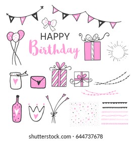 Birthday party icon set, black and pink colors. Hand drawn elements for perfect card, invitation. Beautiful girls design. 