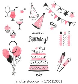 Birthday party icon set in pink and black colors. Vector hand drawn illustration