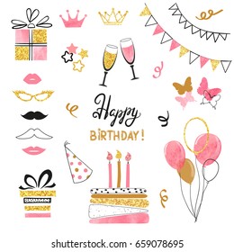 Birthday party icon set in pink, black and golden colors. Vector hand drawn illustration. 