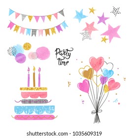 Birthday party icon set. Vector colorful hand drawn illustration.