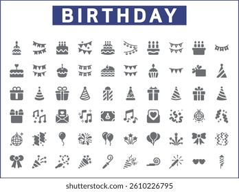 Birthday And party Icon Set. Vector collection of celebration, event, cake, Firecracker, invitation, letter, gift, festival, mirror ball and elements symbols or logo element.