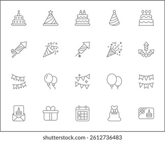 Birthday And party Icon Set. Vector collection of celebration, event, cake, Firecracker, invitation, letter, gift, festival, mirror ball and elements symbols or logo element.