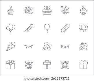 Birthday And party Icon Set. Vector collection of celebration, event, cake, Firecracker, invitation, letter, gift, festival, mirror ball and elements symbols or logo element.