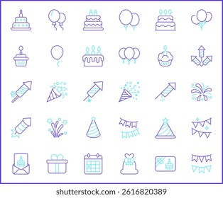 Birthday And party Icon Set. Vector collection of celebration, event, cake, Firecracker, invitation, letter, gift, festival, mirror ball and elements symbols or logo element.