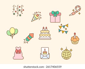Birthday And party Icon Set. Vector collection of celebration, event, cake, Firecracker, invitation, letter, gift, festival, mirror ball and elements symbols or logo element.