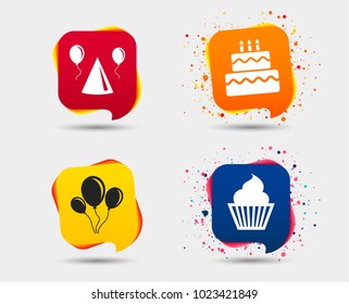 Birthday party icons. Cake, balloon, hat and muffin signs. Celebration symbol. Cupcake sweet food. Speech bubbles or chat symbols. Colored elements. Vector