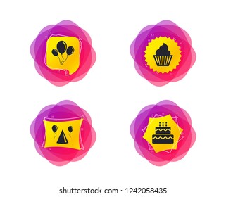 Birthday party icons. Cake, balloon, hat and muffin signs. Celebration symbol. Cupcake sweet food. Geometric gradient sales shapes. Creative banners. Template for design. Vector