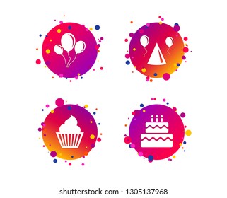 Birthday party icons. Cake, balloon, hat and muffin signs. Celebration symbol. Cupcake sweet food. Gradient circle buttons with icons. Random dots design. Vector