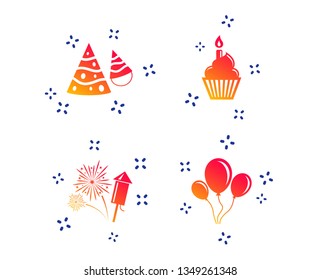 Birthday party icons. Cake, balloon, hat and muffin signs. Fireworks with rocket symbol. Cupcake with candle. Random dynamic shapes. Gradient party icon. Vector