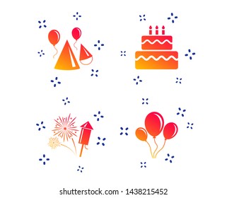 Birthday party icons. Cake, balloon, hat and muffin signs. Fireworks with rocket symbol. Double decker with candle. Random dynamic shapes. Gradient party icon. Vector