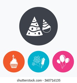 Birthday party icons. Cake, balloon, hat and muffin signs. Fireworks with rocket symbol. Cupcake with candle. Circle flat buttons with icon.