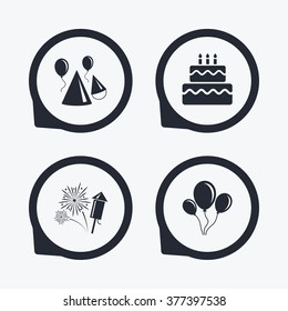 Birthday party icons. Cake, balloon, hat and muffin signs. Fireworks with rocket symbol. Double decker with candle. Flat icon pointers.