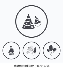 Birthday party icons. Cake, balloon, hat and muffin signs. Fireworks with rocket symbol. Cupcake with candle. Icons in circles.