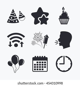 Birthday party icons. Cake, balloon, hat and muffin signs. Fireworks with rocket symbol. Cupcake with candle. Wifi internet, favorite stars, calendar and clock. Talking head. Vector