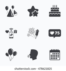 Birthday party icons. Cake, balloon, hat and muffin signs. Fireworks with rocket symbol. Double decker with candle. Flat talking head, calendar icons. Stars, like counter icons. Vector