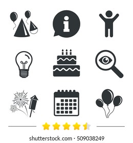 Birthday party icons. Cake, balloon, hat and muffin signs. Fireworks with rocket symbol. Double decker with candle. Information, light bulb and calendar icons. Investigate magnifier. Vector