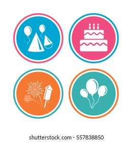 Birthday party icons. Cake, balloon, hat and muffin signs. Fireworks with rocket symbol. Double decker with candle. Colored circle buttons. Vector