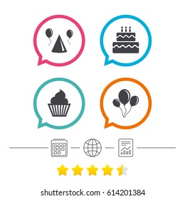 Birthday party icons. Cake, balloon, hat and muffin signs. Celebration symbol. Cupcake sweet food. Calendar, internet globe and report linear icons. Star vote ranking. Vector