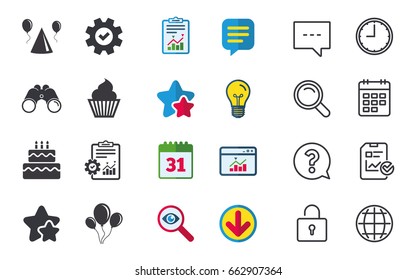 Birthday party icons. Cake, balloon, hat and muffin signs. Celebration symbol. Cupcake sweet food. Chat, Report and Calendar signs. Stars, Statistics and Download icons. Question, Clock and Globe