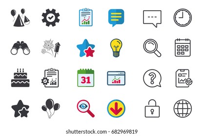 Birthday party icons. Cake, balloon, hat and muffin signs. Fireworks with rocket symbol. Double decker with candle. Chat, Report and Calendar signs. Stars, Statistics and Download icons. Vector