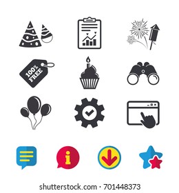 Birthday party icons. Cake, balloon, hat and muffin signs. Fireworks with rocket symbol. Cupcake with candle. Browser window, Report and Service signs. Binoculars, Information and Download icons