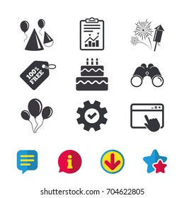 Birthday party icons. Cake, balloon, hat and muffin signs. Fireworks with rocket symbol. Double decker with candle. Browser window, Report and Service signs. Binoculars, Information and Download icons