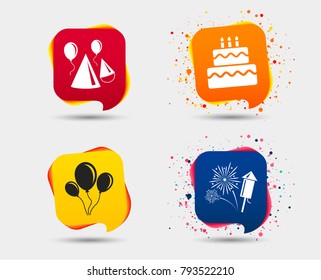 Birthday party icons. Cake, balloon, hat and muffin signs. Fireworks with rocket symbol. Double decker with candle. Speech bubbles or chat symbols. Colored elements. Vector