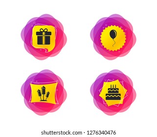 Birthday party icons. Cake and gift box signs. Air balloons and fireworks rockets symbol. Geometric gradient sales shapes. Creative banners. Template for design. Vector