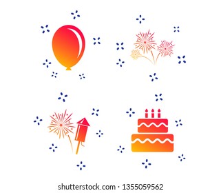 Birthday party icons. Cake and gift box signs. Air balloon and fireworks symbol. Random dynamic shapes. Gradient birthday cake icon. Vector