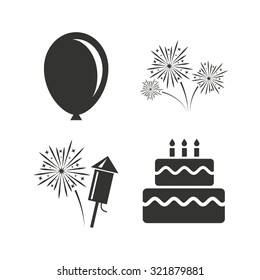 Birthday party icons. Cake and gift box signs. Air balloon and fireworks symbol. Flat icons on white. Vector