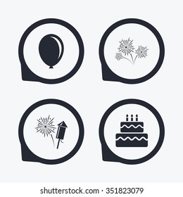 Birthday party icons. Cake and gift box signs. Air balloon and fireworks symbol. Flat icon pointers.