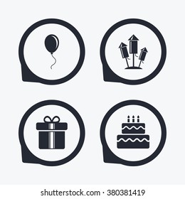 Birthday party icons. Cake and gift box signs. Air balloons and fireworks rockets symbol. Flat icon pointers.