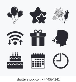 Birthday party icons. Cake and gift box signs. Air balloons and fireworks symbol. Wifi internet, favorite stars, calendar and clock. Talking head. Vector