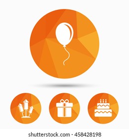 Birthday party icons. Cake and gift box signs. Air balloons and fireworks rockets symbol. Triangular low poly buttons with shadow. Vector