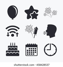 Birthday party icons. Cake and gift box signs. Air balloon and fireworks symbol. Wifi internet, favorite stars, calendar and clock. Talking head. Vector
