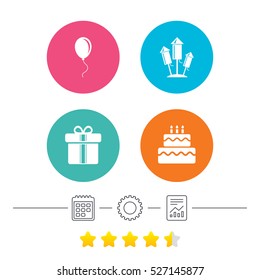 Birthday party icons. Cake and gift box signs. Air balloons and fireworks rockets symbol. Calendar, cogwheel and report linear icons. Star vote ranking. Vector