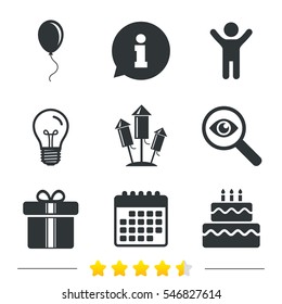 Birthday party icons. Cake and gift box signs. Air balloons and fireworks rockets symbol. Information, light bulb and calendar icons. Investigate magnifier. Vector
