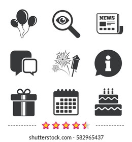 Birthday party icons. Cake and gift box signs. Air balloons and fireworks symbol. Newspaper, information and calendar icons. Investigate magnifier, chat symbol. Vector