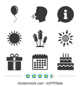 Birthday party icons. Cake and gift box signs. Air balloons and fireworks rockets symbol. Information, go to web and calendar icons. Sun and loud speak symbol. Vector
